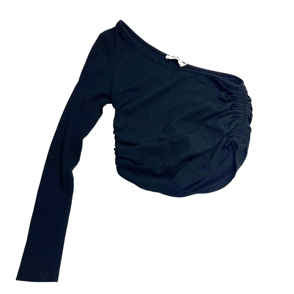 NA-KD Black One Shoulder Ruched Long Sleeve Ribbed Top Minimalist Size‎ Medium